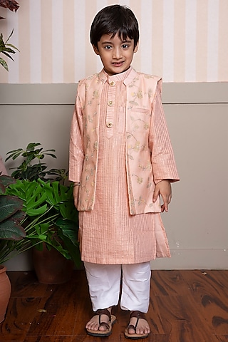 Peach Mul Chanderi & Lurex Chanderi Embroidered Nehru Jacket Set For Boys by Kirti Agarwal Pret n Couture