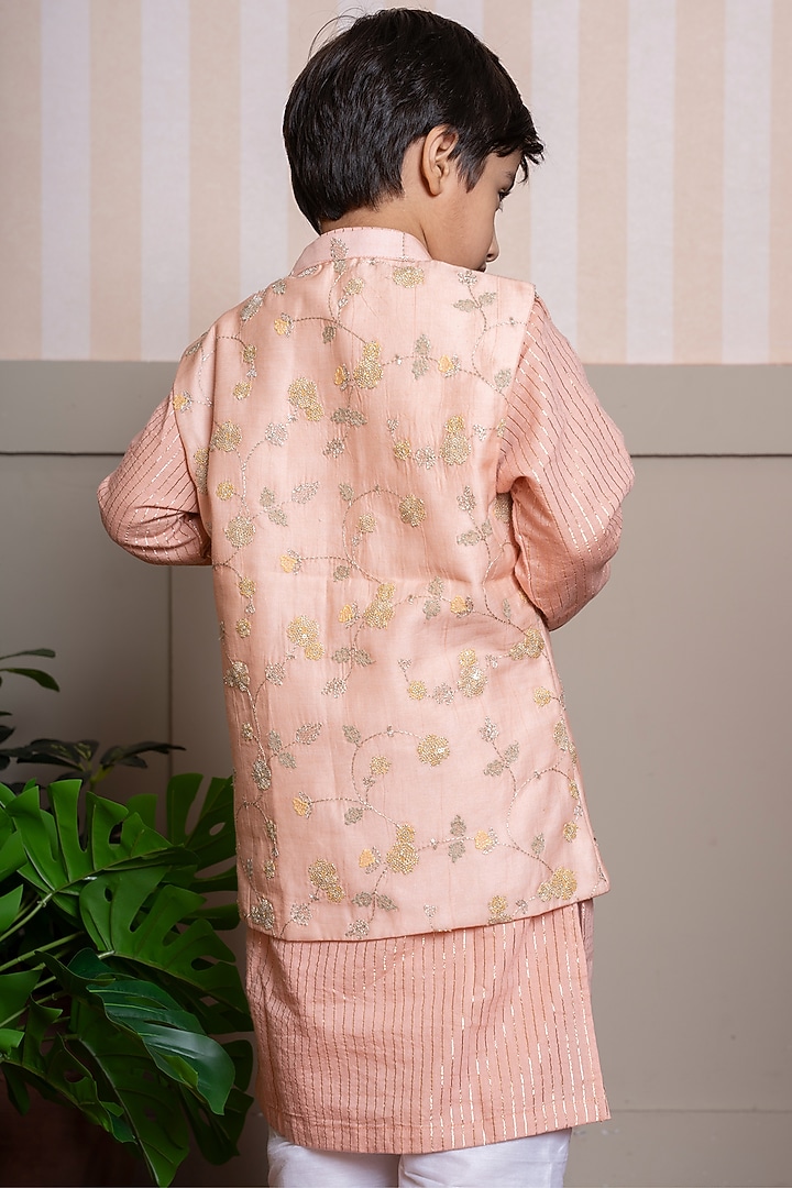 Peach Mul Chanderi & Lurex Chanderi Embroidered Nehru Jacket Set For Boys by Kirti Agarwal Pret n Couture at Pernia's Pop Up Shop
