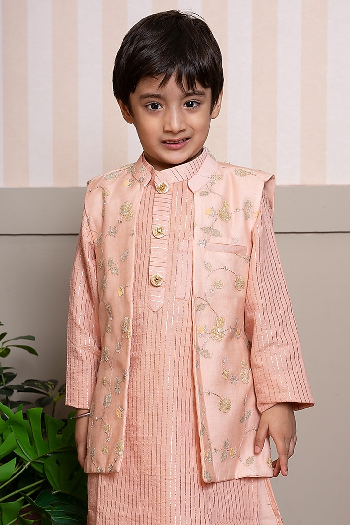 Peach Mul Chanderi & Lurex Chanderi Embroidered Nehru Jacket Set For Boys by Kirti Agarwal Pret n Couture at Pernia's Pop Up Shop