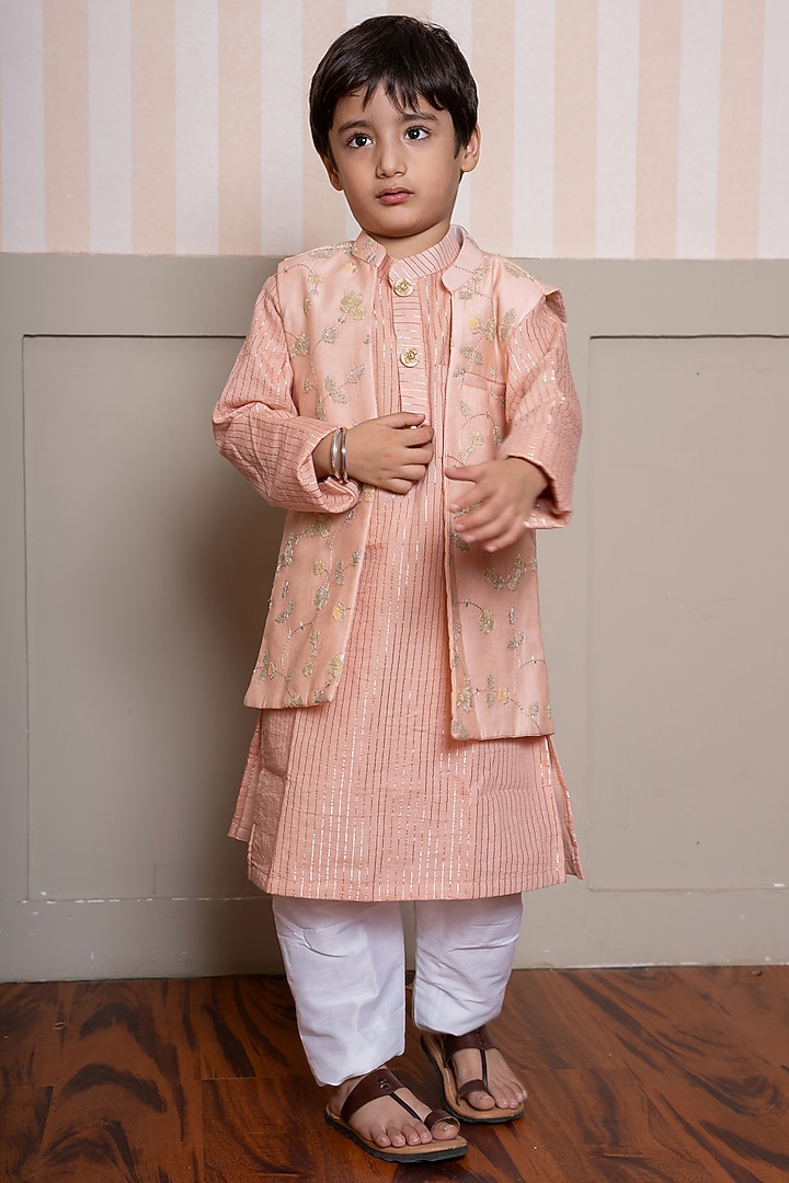 Peach Mul Chanderi & Lurex Chanderi Embroidered Nehru Jacket Set For Boys by Kirti Agarwal Pret n Couture at Pernia's Pop Up Shop