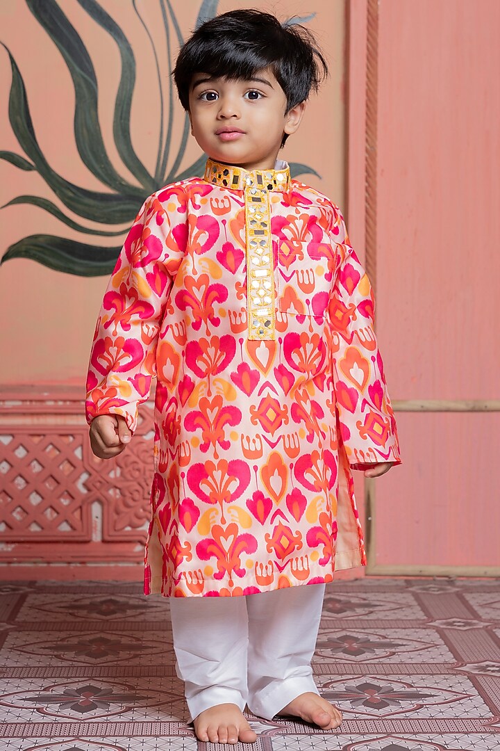 Multi-Colored Modal Satin Mirror Work & Ikat Printed Kurta Set For Boys by Kirti Agarwal Pret n Couture at Pernia's Pop Up Shop