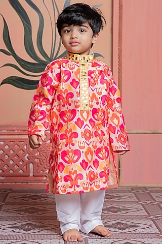 Multi-Colored Modal Satin Mirror Work & Ikat Printed Kurta Set For Boys by Kirti Agarwal Pret n Couture