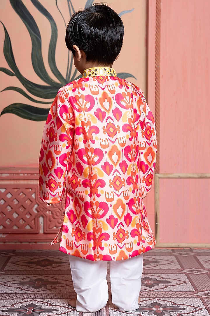 Multi-Colored Modal Satin Mirror Work & Ikat Printed Kurta Set For Boys by Kirti Agarwal Pret n Couture at Pernia's Pop Up Shop