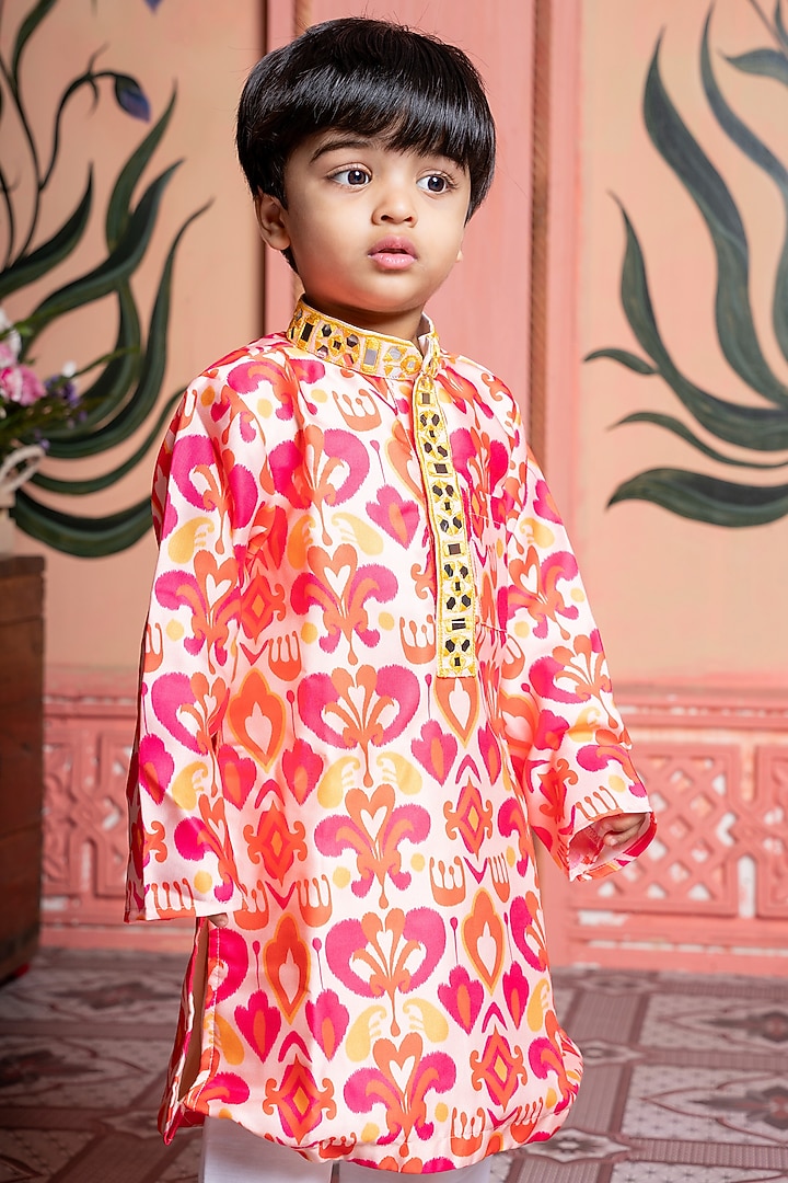 Multi-Colored Modal Satin Mirror Work & Ikat Printed Kurta Set For Boys by Kirti Agarwal Pret n Couture at Pernia's Pop Up Shop