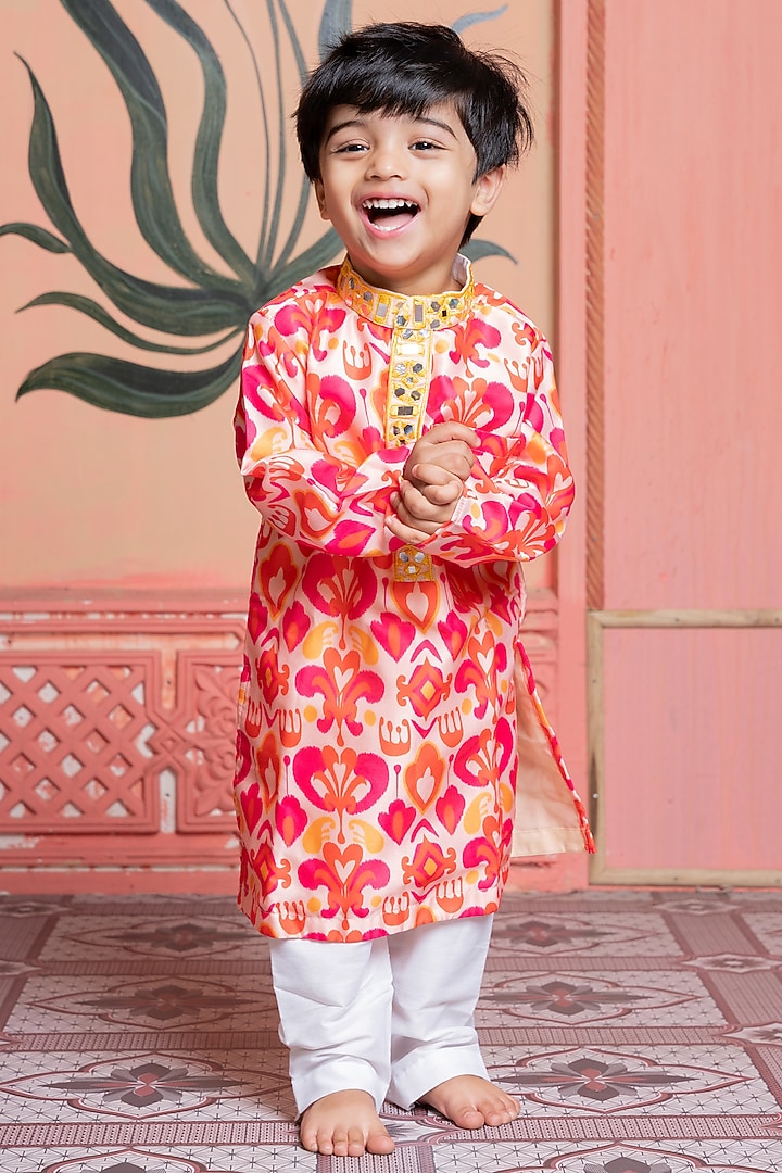 Multi-Colored Modal Satin Mirror Work & Ikat Printed Kurta Set For Boys by Kirti Agarwal Pret n Couture at Pernia's Pop Up Shop