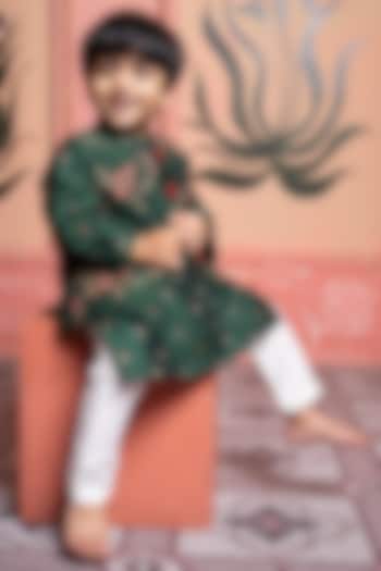 Dark Green Silk & Cotton Silk Floral Embroidered Nehru Jacket Set For Boys by Kirti Agarwal Pret n Couture at Pernia's Pop Up Shop