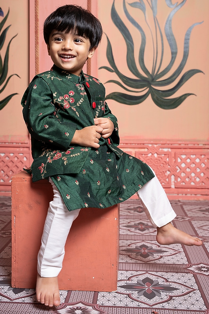 Dark Green Silk & Cotton Silk Floral Embroidered Nehru Jacket Set For Boys by Kirti Agarwal Pret n Couture at Pernia's Pop Up Shop