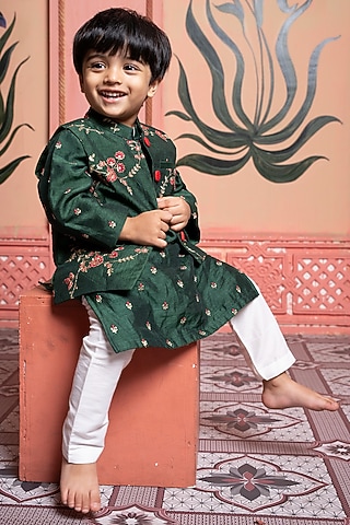 Dark Green Silk & Cotton Silk Floral Embroidered Nehru Jacket Set For Boys by Kirti Agarwal Pret n Couture
