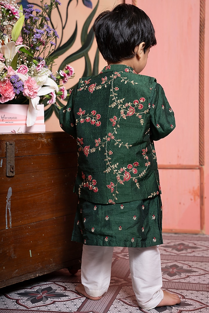 Dark Green Silk & Cotton Silk Floral Embroidered Nehru Jacket Set For Boys by Kirti Agarwal Pret n Couture at Pernia's Pop Up Shop