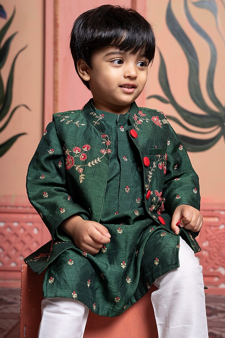 Dark Green Silk & Cotton Silk Floral Embroidered Nehru Jacket Set For Boys by Kirti Agarwal Pret n Couture at Pernia's Pop Up Shop