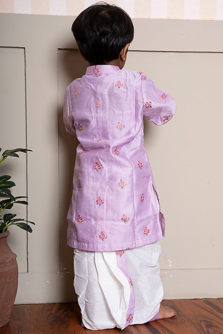 Lavender Pure Chanderi Silk & Cotton Silk Floral Embroidered Kurta Set For Boys by Kirti Agarwal Pret n Couture at Pernia's Pop Up Shop