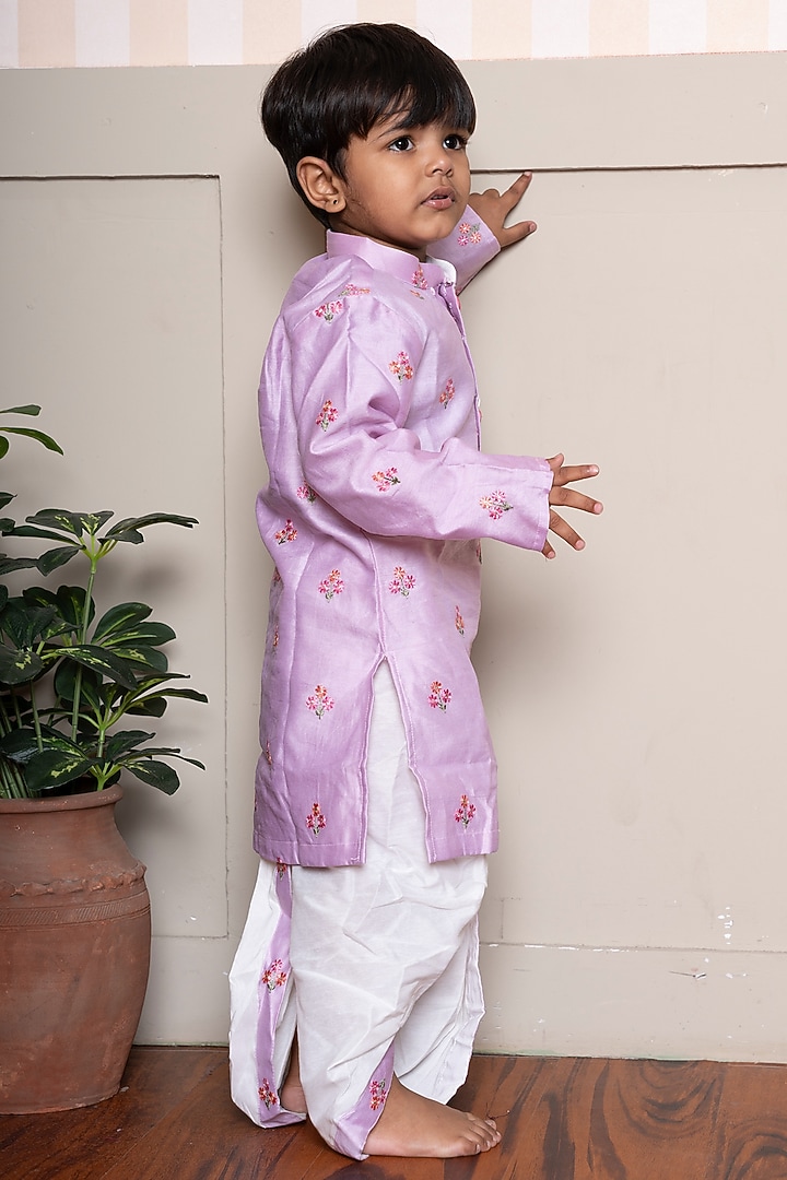 Lavender Pure Chanderi Silk & Cotton Silk Floral Embroidered Kurta Set For Boys by Kirti Agarwal Pret n Couture at Pernia's Pop Up Shop