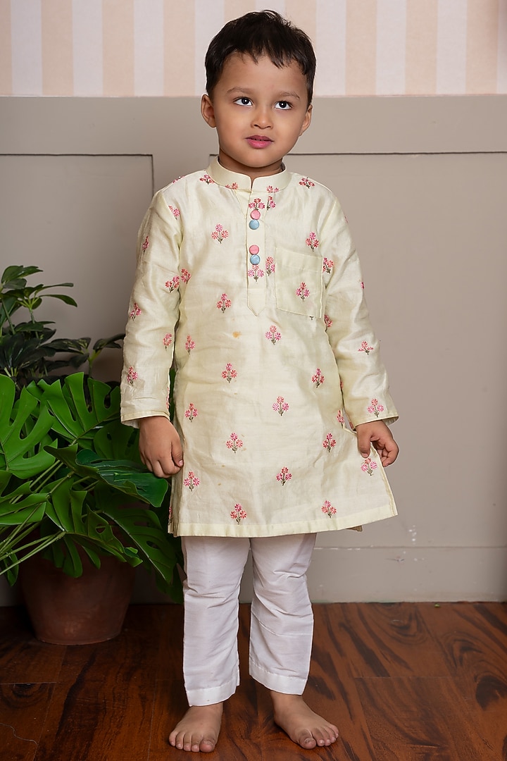 Yellow Pure Chanderi Silk & Cotton Silk Embroidered Kurta Set For Boys by Kirti Agarwal Pret n Couture at Pernia's Pop Up Shop