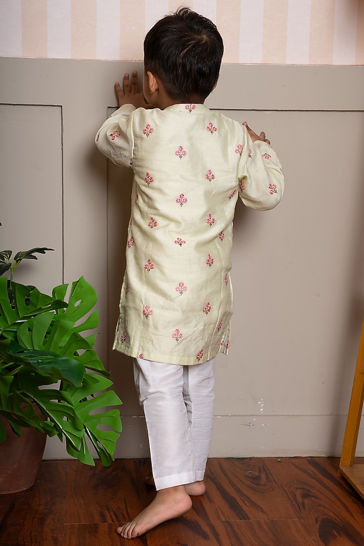 Yellow Pure Chanderi Silk & Cotton Silk Embroidered Kurta Set For Boys by Kirti Agarwal Pret n Couture at Pernia's Pop Up Shop