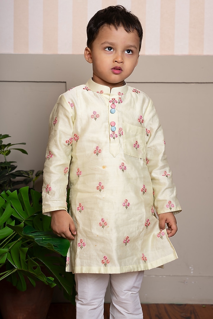 Yellow Pure Chanderi Silk & Cotton Silk Embroidered Kurta Set For Boys by Kirti Agarwal Pret n Couture at Pernia's Pop Up Shop