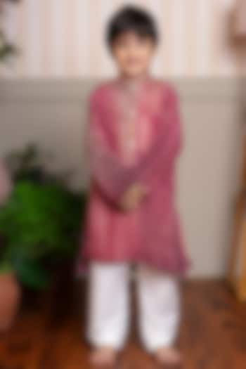 Maroon & Pink Crush Tissue Embroidered Ombre Kurta Set For Boys by Kirti Agarwal Pret n Couture at Pernia's Pop Up Shop