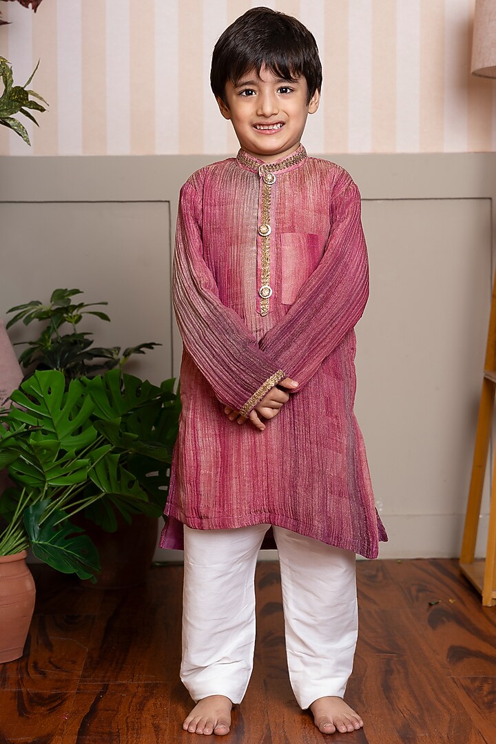Maroon & Pink Crush Tissue Embroidered Ombre Kurta Set For Boys by Kirti Agarwal Pret n Couture at Pernia's Pop Up Shop