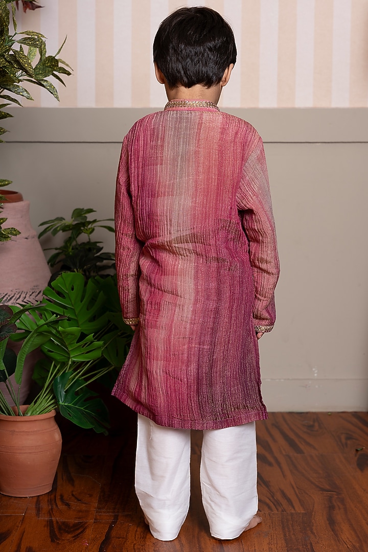 Maroon & Pink Crush Tissue Embroidered Ombre Kurta Set For Boys by Kirti Agarwal Pret n Couture at Pernia's Pop Up Shop