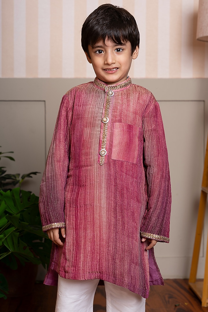 Maroon & Pink Crush Tissue Embroidered Ombre Kurta Set For Boys by Kirti Agarwal Pret n Couture at Pernia's Pop Up Shop