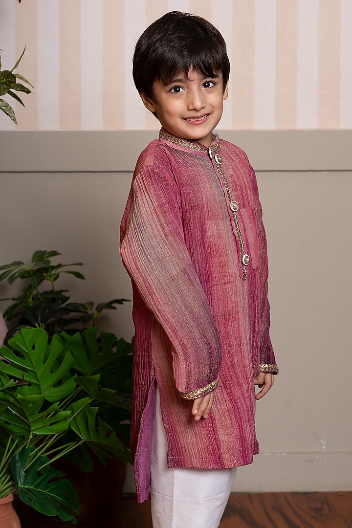 Maroon & Pink Crush Tissue Embroidered Ombre Kurta Set For Boys by Kirti Agarwal Pret n Couture at Pernia's Pop Up Shop