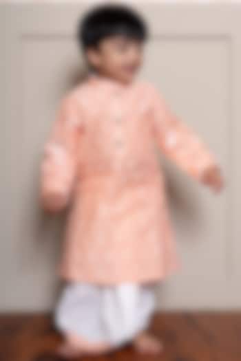 Peach Chanderi Silk & Cotton Silk Embroidered Kurta Set For Boys by Kirti Agarwal Pret n Couture at Pernia's Pop Up Shop