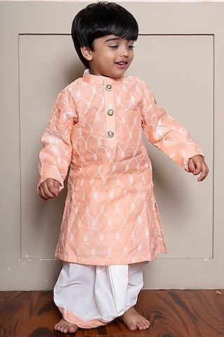 Peach Chanderi Silk & Cotton Silk Embroidered Kurta Set For Boys by Kirti Agarwal Pret n Couture
