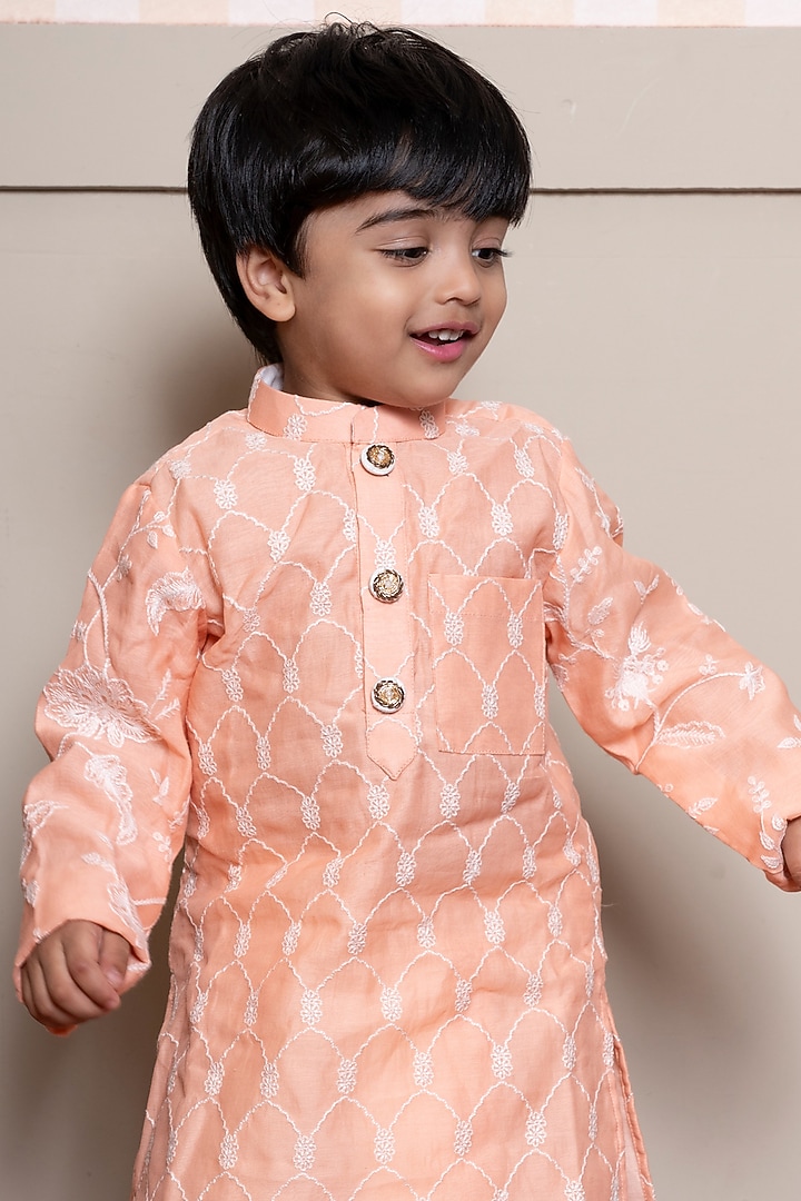 Peach Chanderi Silk & Cotton Silk Embroidered Kurta Set For Boys by Kirti Agarwal Pret n Couture at Pernia's Pop Up Shop