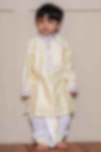 Yellow Pure Spun Silk Embroidered Kurta Set For Boys by Kirti Agarwal Pret n Couture at Pernia's Pop Up Shop