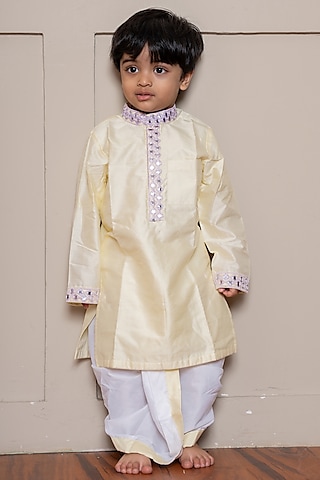 Yellow Pure Spun Silk Embroidered Kurta Set For Boys by Kirti Agarwal Pret n Couture