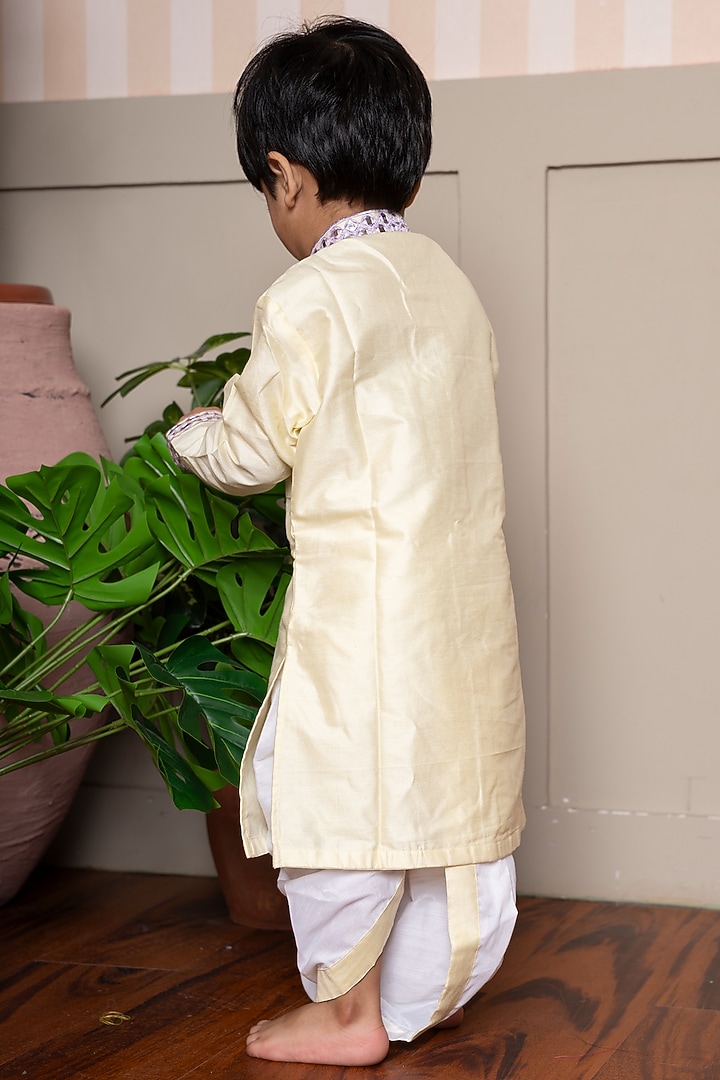 Yellow Pure Spun Silk Embroidered Kurta Set For Boys by Kirti Agarwal Pret n Couture at Pernia's Pop Up Shop