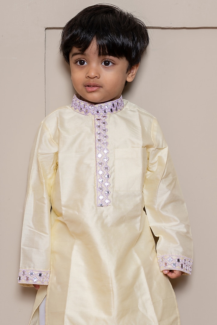 Yellow Pure Spun Silk Embroidered Kurta Set For Boys by Kirti Agarwal Pret n Couture at Pernia's Pop Up Shop