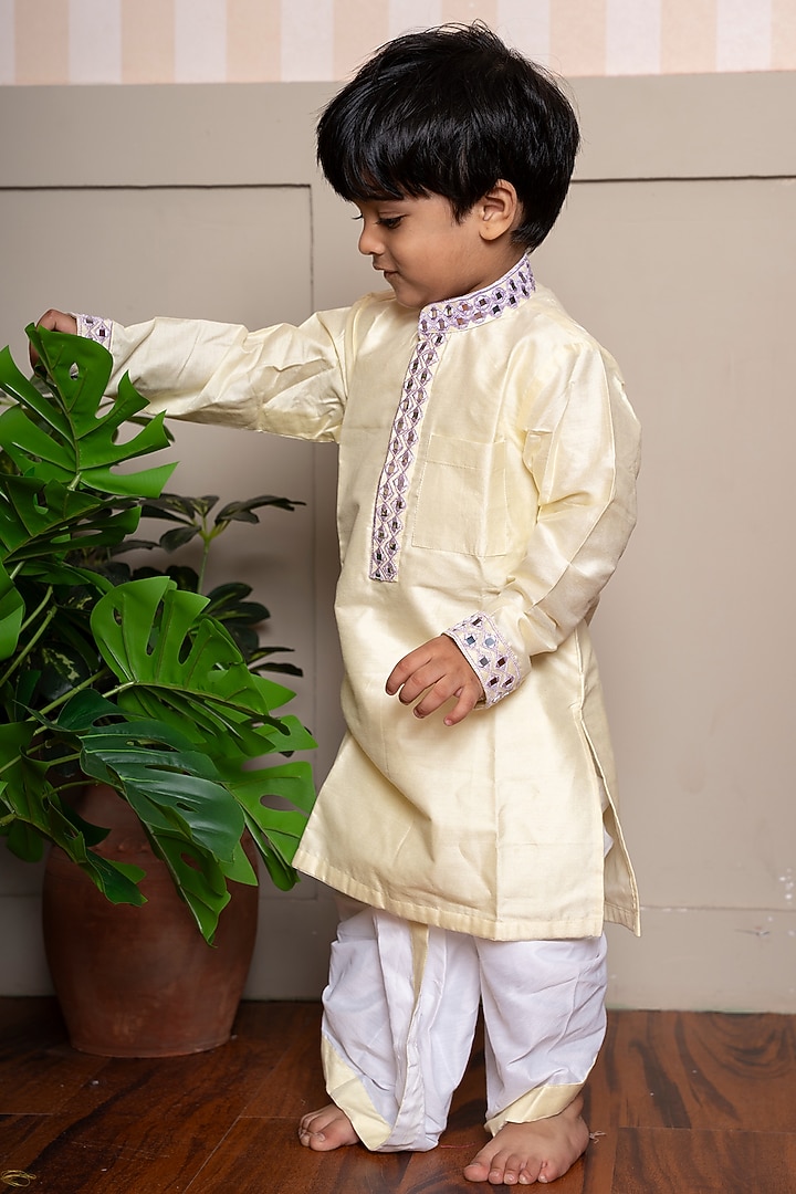 Yellow Pure Spun Silk Embroidered Kurta Set For Boys by Kirti Agarwal Pret n Couture at Pernia's Pop Up Shop