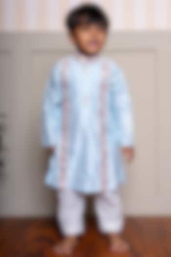 Powder Blue Pure Spun Silk Embroidered Kurta Set For Boys by Kirti Agarwal Pret n Couture at Pernia's Pop Up Shop