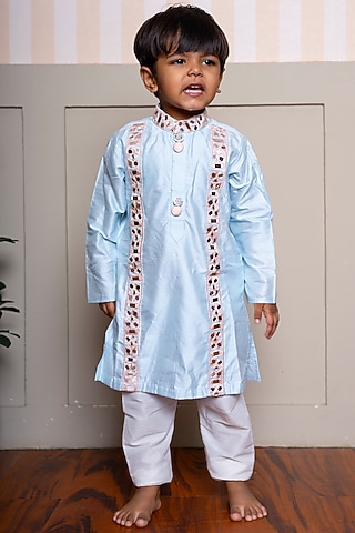 Powder Blue Pure Spun Silk Embroidered Kurta Set For Boys by Kirti Agarwal Pret n Couture