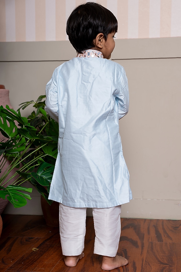 Powder Blue Pure Spun Silk Embroidered Kurta Set For Boys by Kirti Agarwal Pret n Couture at Pernia's Pop Up Shop