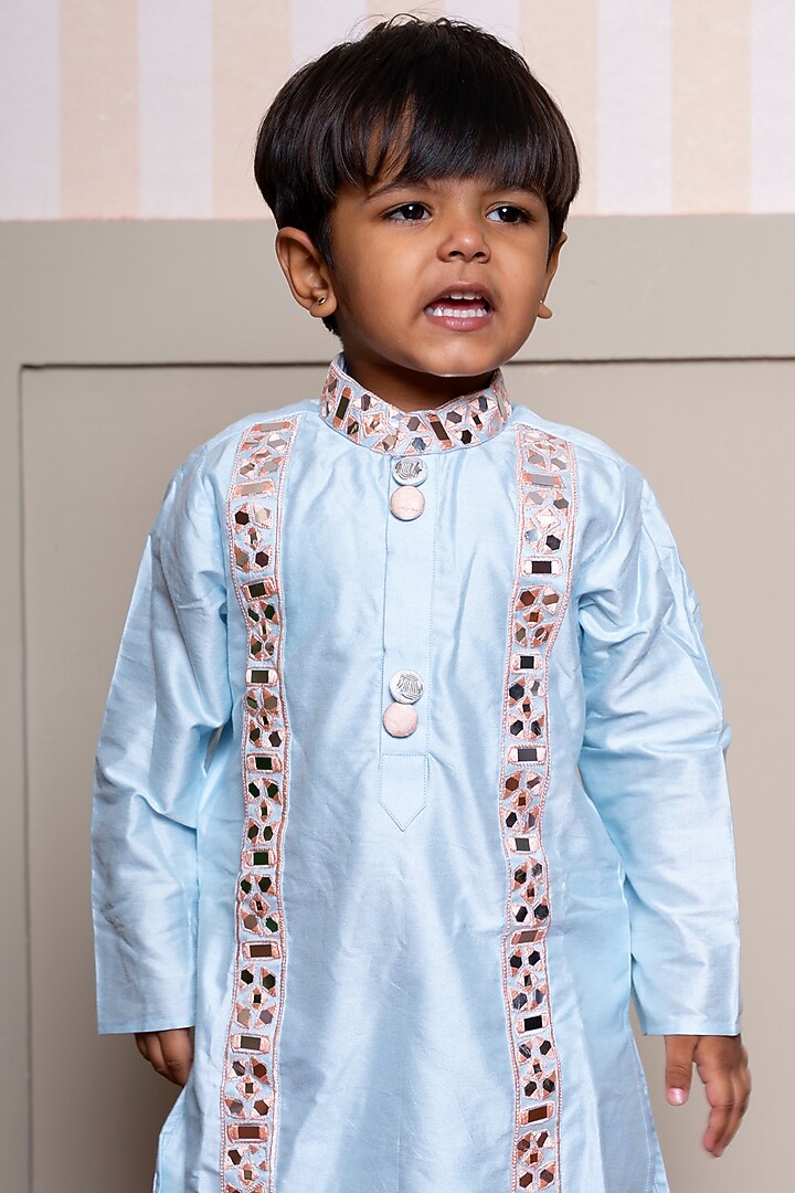Powder Blue Pure Spun Silk Embroidered Kurta Set For Boys by Kirti Agarwal Pret n Couture at Pernia's Pop Up Shop