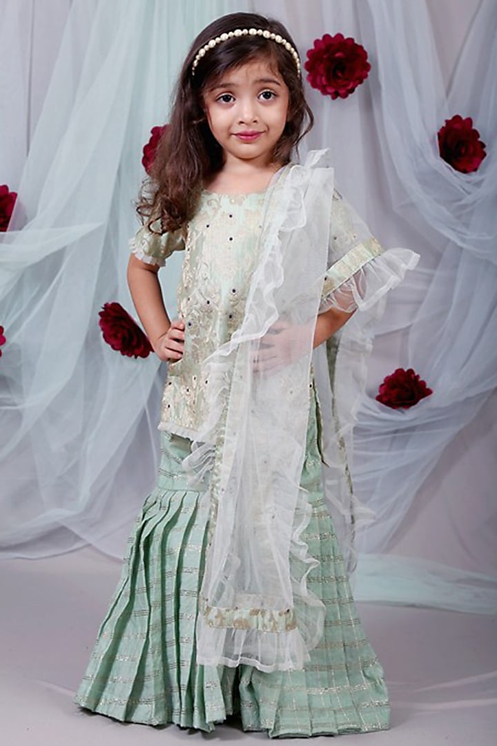 Sea Green Brocade Pleated Sharara Set For Girls by Kirti Agarwal Pret n Couture