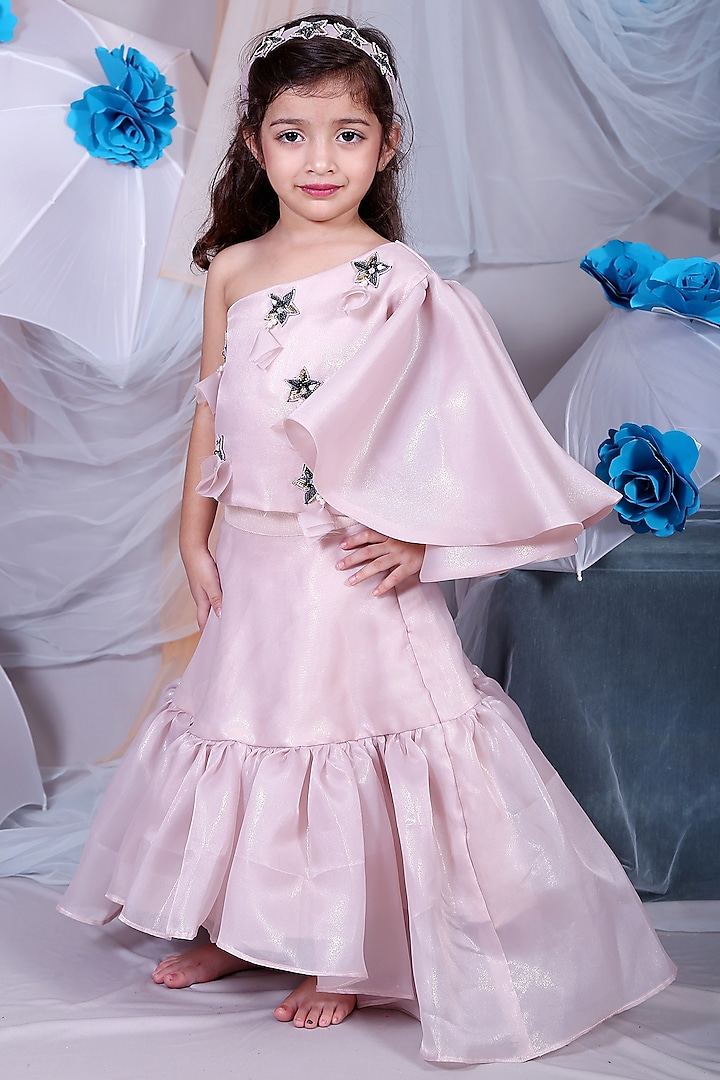 Beige-Ish Pink Satin Frilled Skirt Set For Girls by Kirti Agarwal Pret n Couture