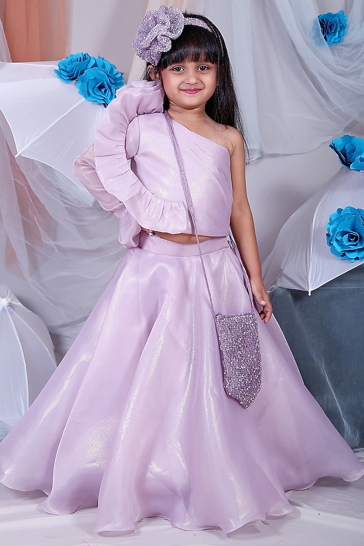 Lavender Satin Flared Lehenga Set For Girls by Kirti Agarwal Pret n Couture
