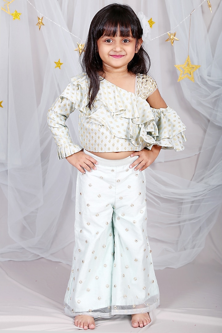 Sea Green Brocade Pant Set For Girls by Kirti Agarwal Pret n Couture at Pernia's Pop Up Shop
