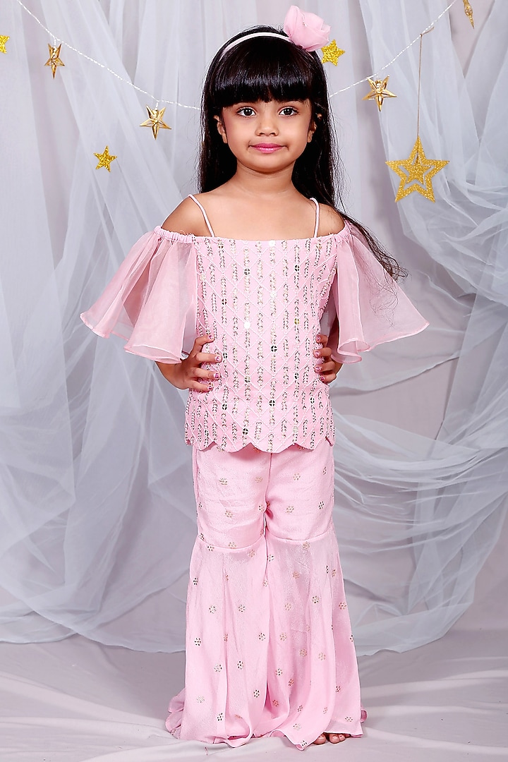 Blush Pink Lucknowi Sharara Set For Girls by Kirti Agarwal Pret n Couture at Pernia's Pop Up Shop
