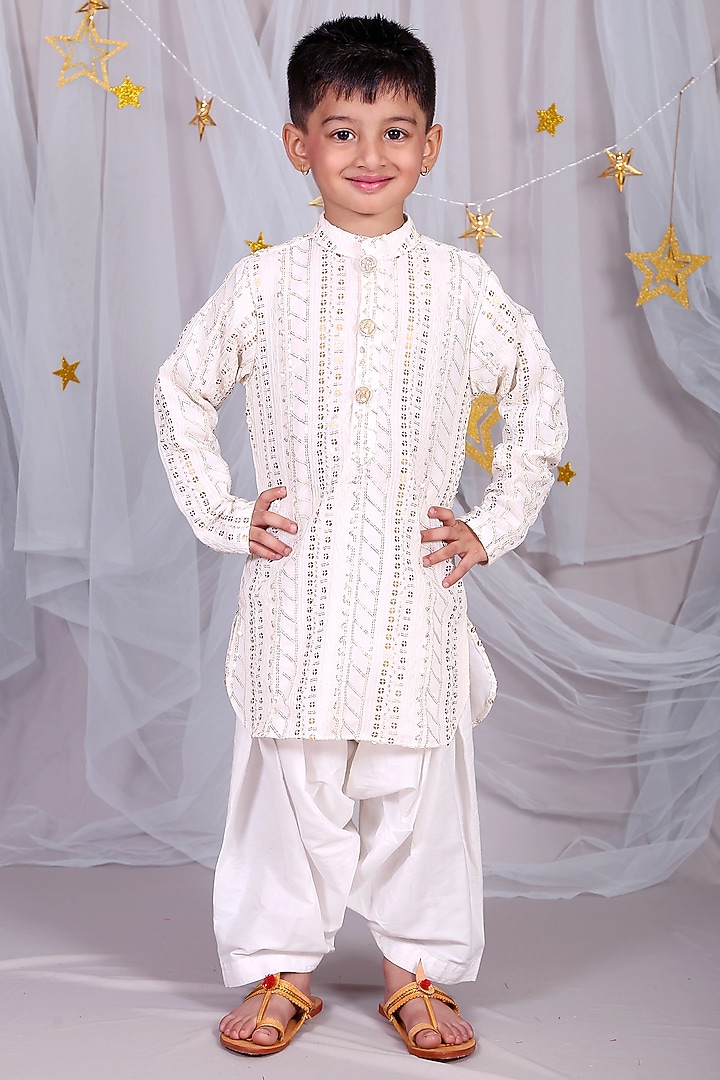 Off White Embroidered Kurta Set For Boys by Kirti Agarwal Pret n Couture at Pernia's Pop Up Shop