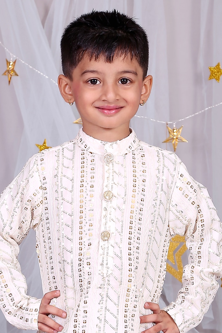 Off White Embroidered Kurta Set For Boys by Kirti Agarwal Pret n Couture at Pernia's Pop Up Shop