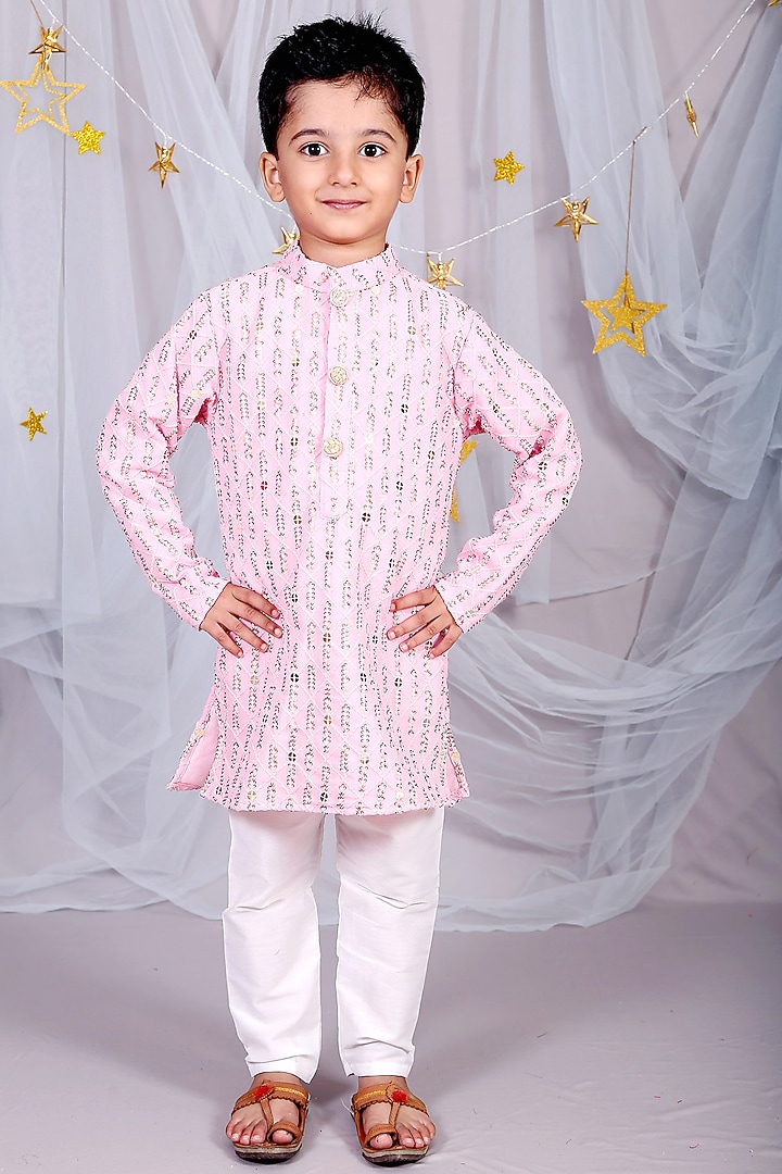 Blush Pink Embroidered Kurta Set For Boys by Kirti Agarwal Pret n Couture at Pernia's Pop Up Shop