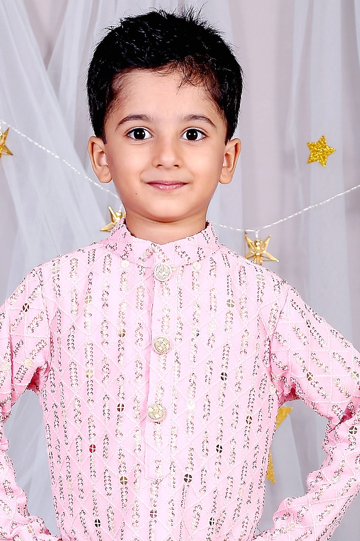 Blush Pink Embroidered Kurta Set For Boys by Kirti Agarwal Pret n Couture at Pernia's Pop Up Shop