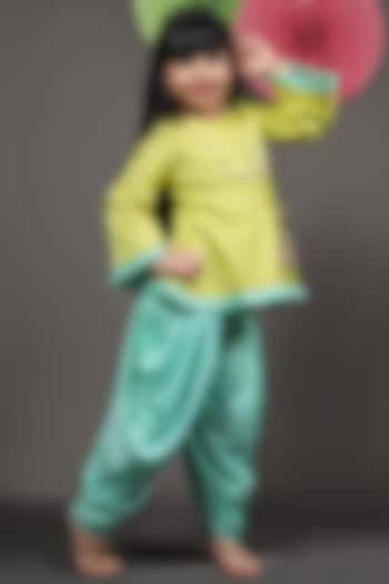 Yellow & Sea Green Tulip Dhoti Set For Girls by Kirti Agarwal Pret n Couture