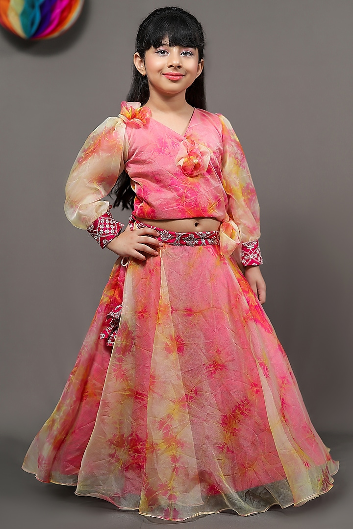 Orange & Pink Lehenga Set With Tassels For Girls by  Kirti Agarwal Pret n Couture at Pernia's Pop Up Shop