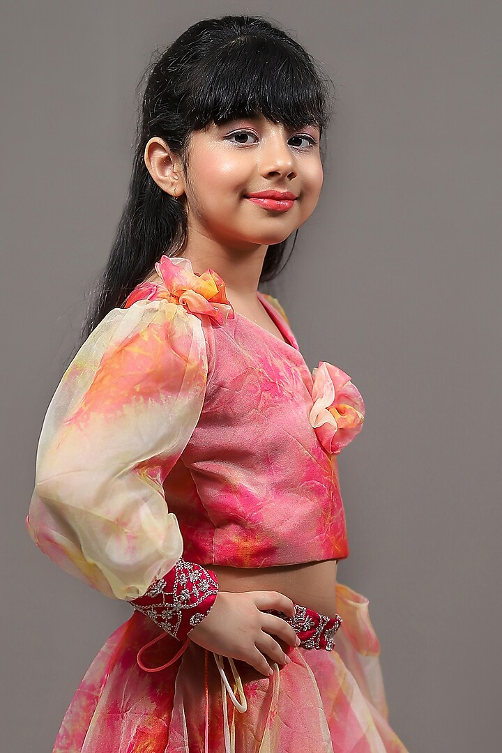 Orange & Pink Lehenga Set With Tassels For Girls by Kirti Agarwal Pret n Couture at Pernia's Pop Up Shop