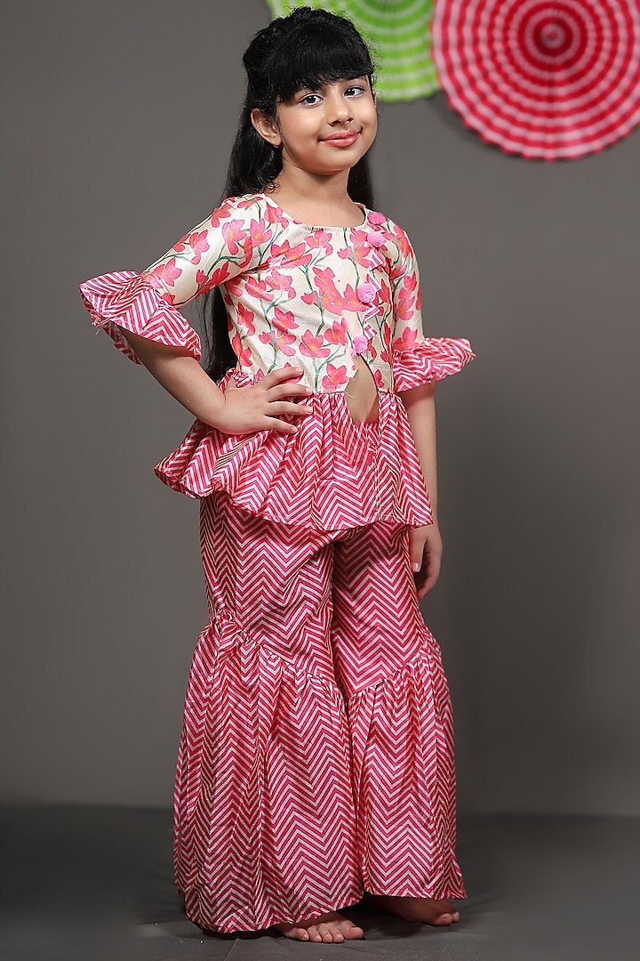Pink Silk Sharara Set With Zigzag Pattern Work For Girls by  Kirti Agarwal Pret n Couture