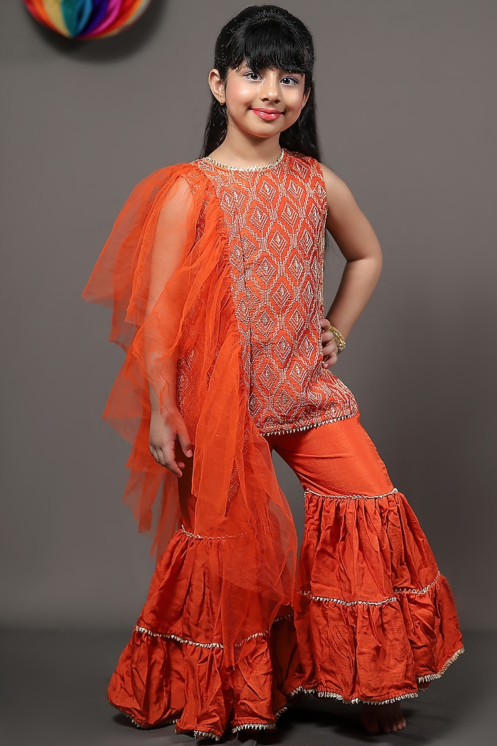 Rust Orange Embroidered Sharara Set For Girls by  Kirti Agarwal Pret n Couture at Pernia's Pop Up Shop